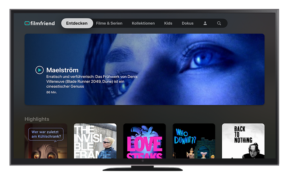 SmartTV-Bildschirm mit Startbild der geöffneten filmfriend-App