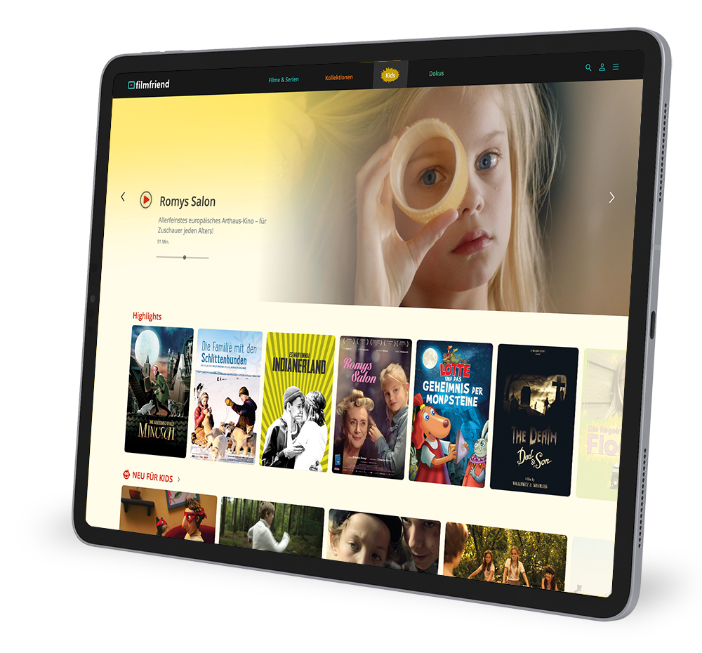 Kids-Seite auf iPad-Bildschirm mit geöffneten filmfriend-App